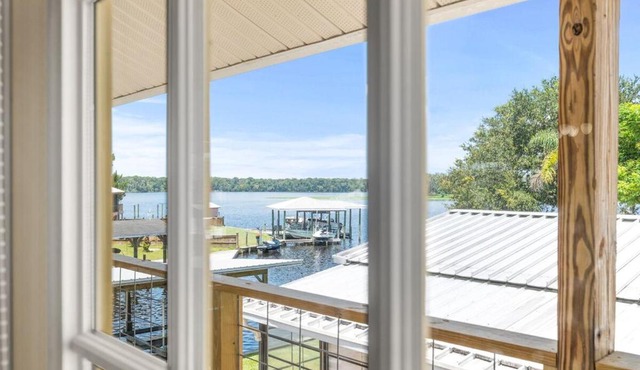 Waterfront St Johns River near springs with boat dock and water sports